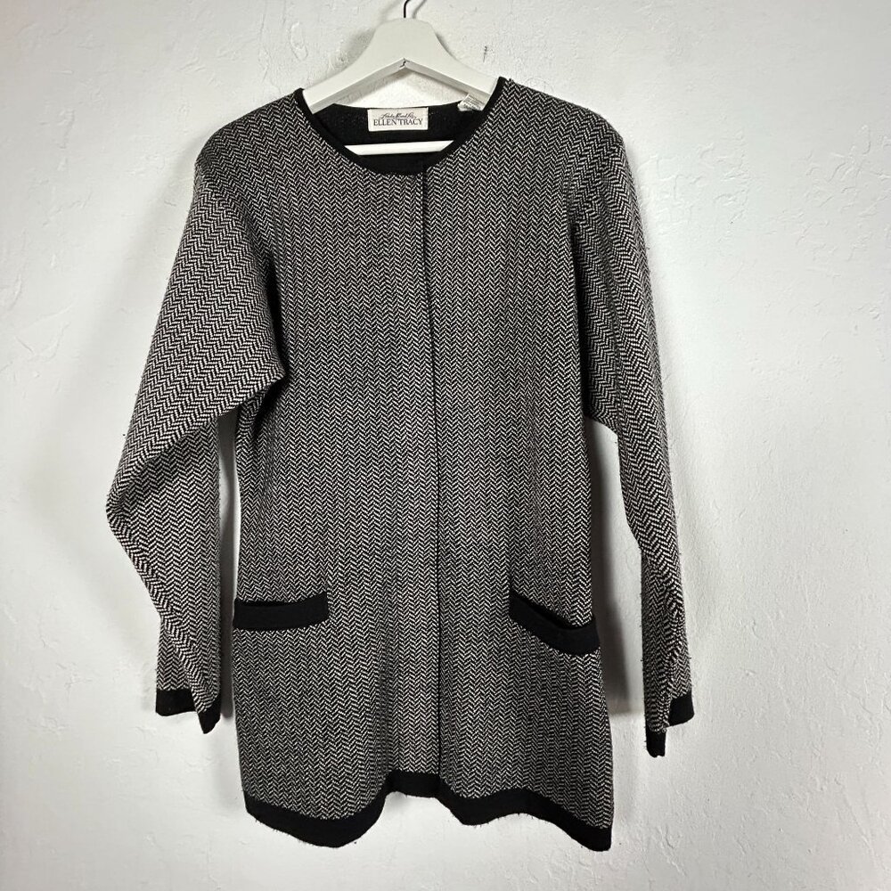 Linda Allard Ellen Tracy Womens Tunic Cardigan Sweater Herringbone Black Medium